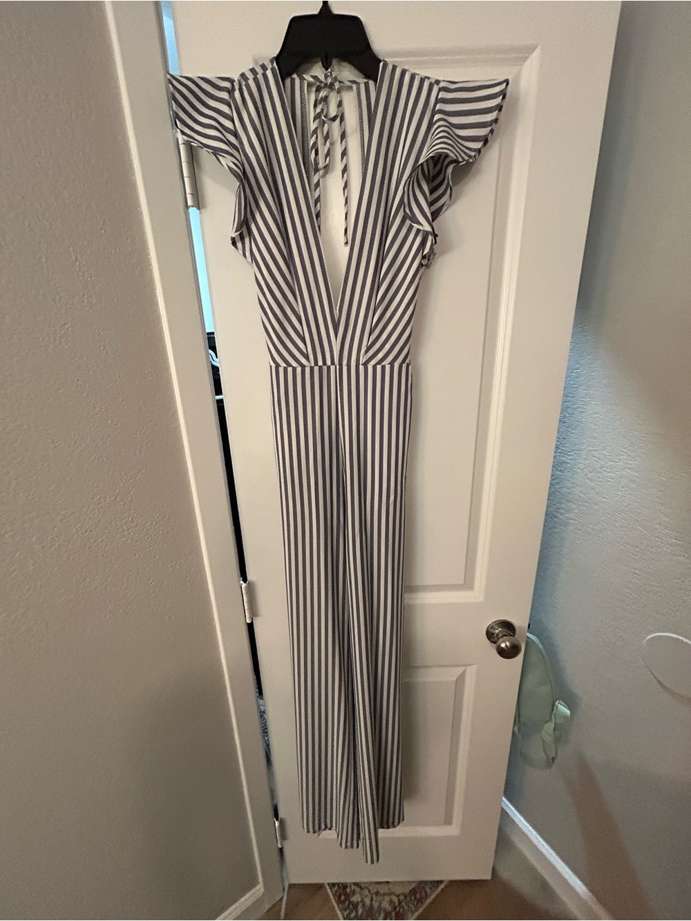 Striped V-Neck Flutter Sleeve Maxi Dress - Blue/White